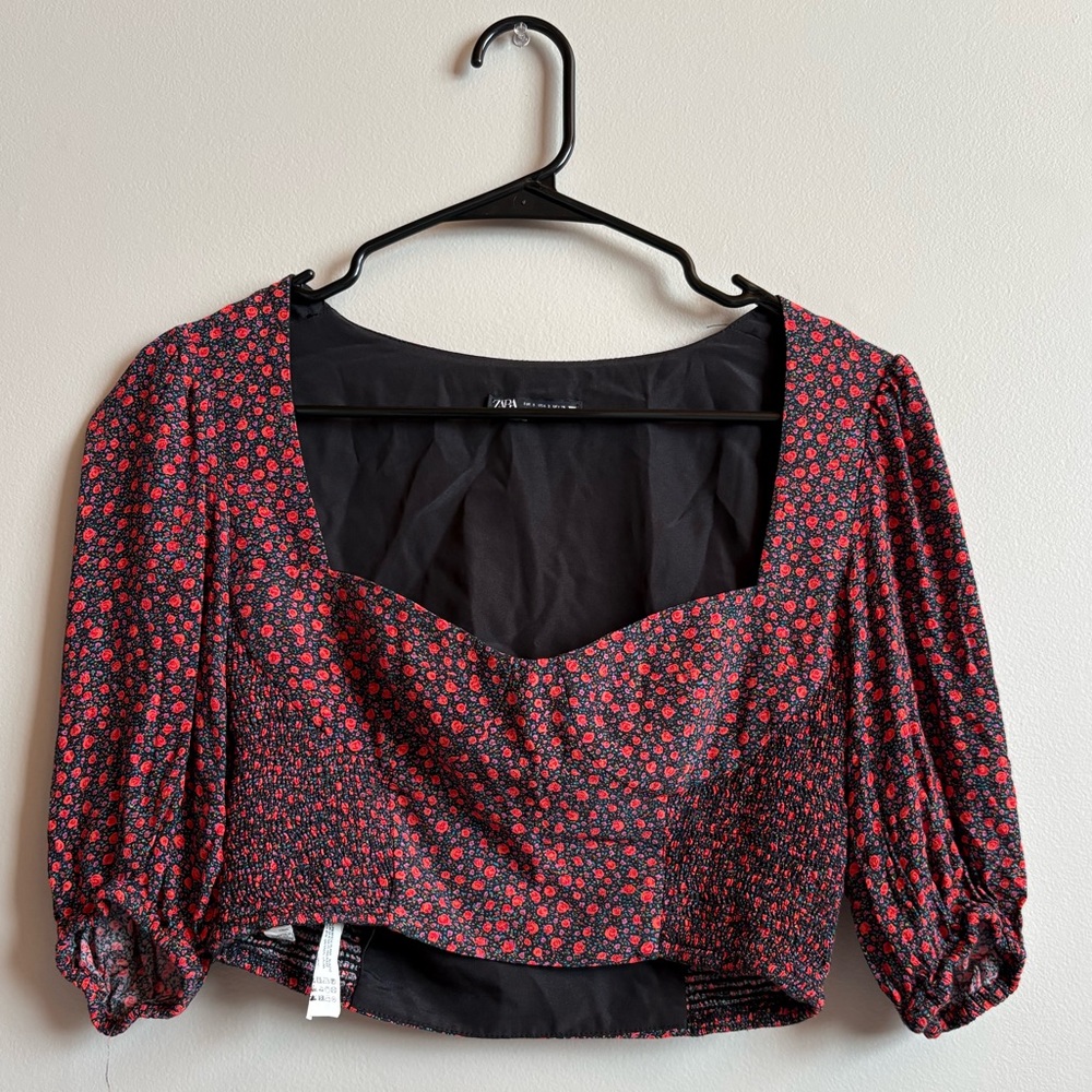 Zara Black and Red Floral Blouse (S-M)